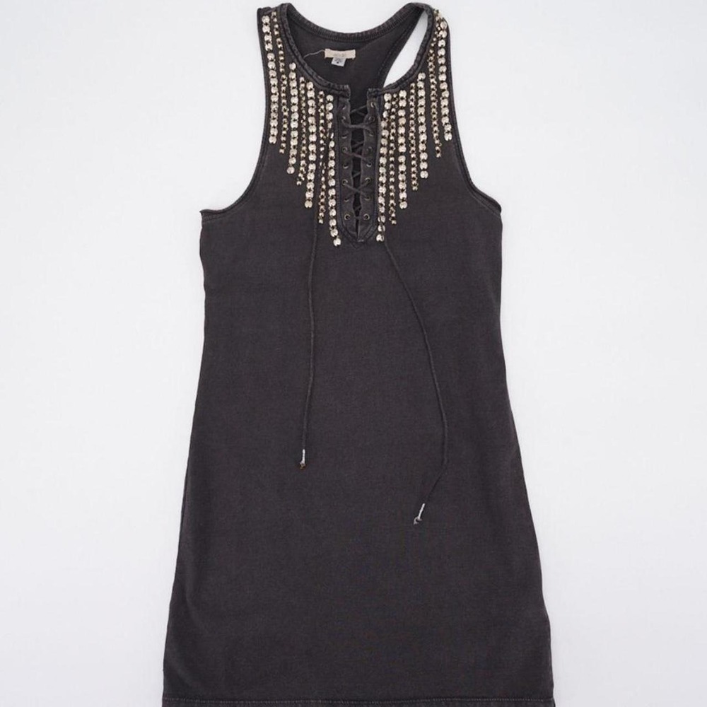Ecoté washed charcoal grey tank top with a lace-up front